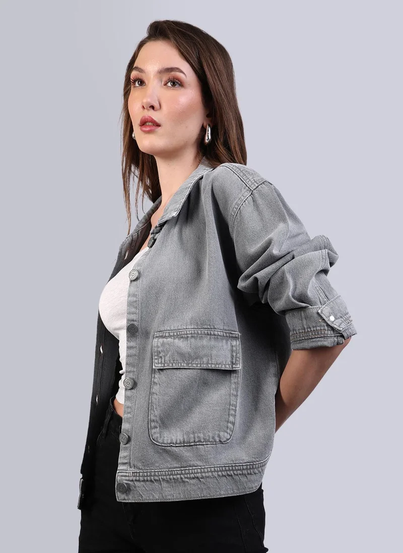Urbano Fashion  Urbano Fashion Women's Ice Grey Relaxed Fit Full Sleeve Utility Denim Jacket for Women | Best Price UAE